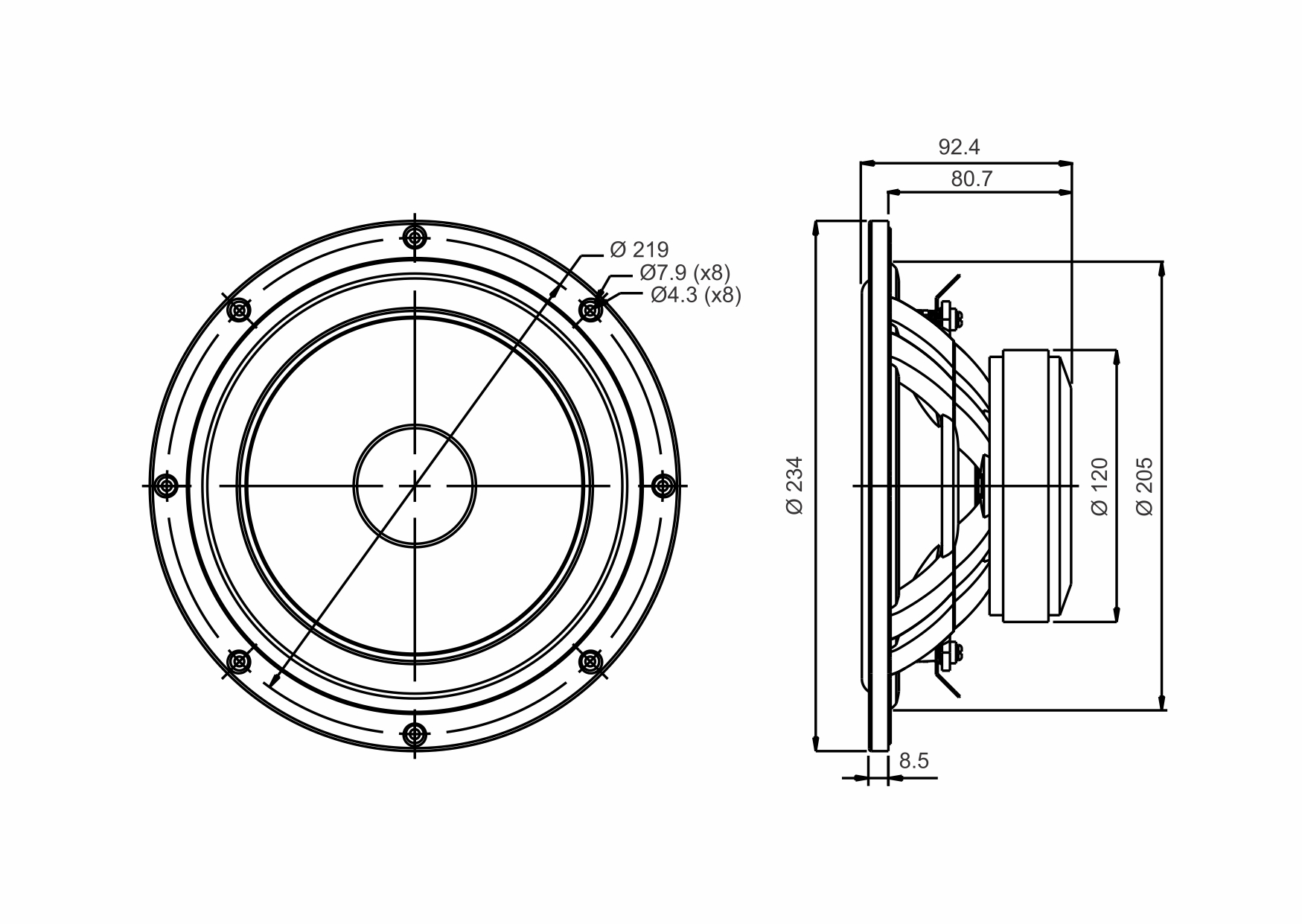 SB Acoustics SB23NRXS45-8 basový reproduktor 8 palců 8 ohm