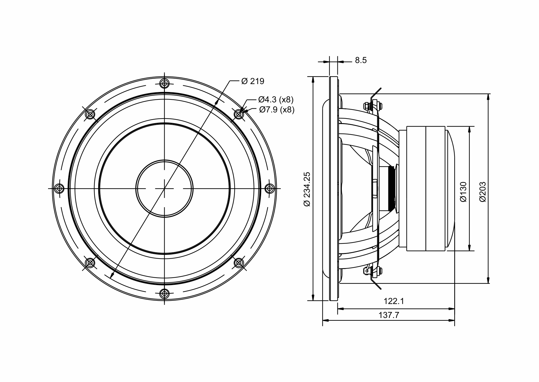 SB Acoustics SB23MFCL45-8 basový reproduktor 8" polypropylen